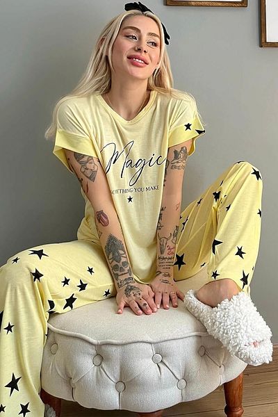 ARCAN Women's Pajama Set: Cotton T-Shirt and Long Pants, Yellow with Stars