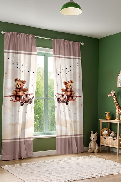 EVPANYA Brown Pilot Teddy Bear Patterned Children's Baby Room Background Curtain (Single Wing Pricing)