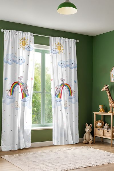 EVPANYA Cute Animals Sliding in the Rainbow Patterned Children's Baby Room Background Curtain (Single Wing Pricing)