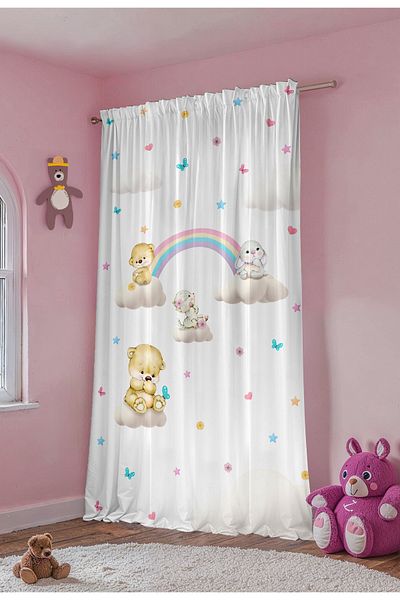 EVPANYA Cloud and Rainbow Friends Patterned Children's Baby Room Background Curtain (Single Wing Pricing)