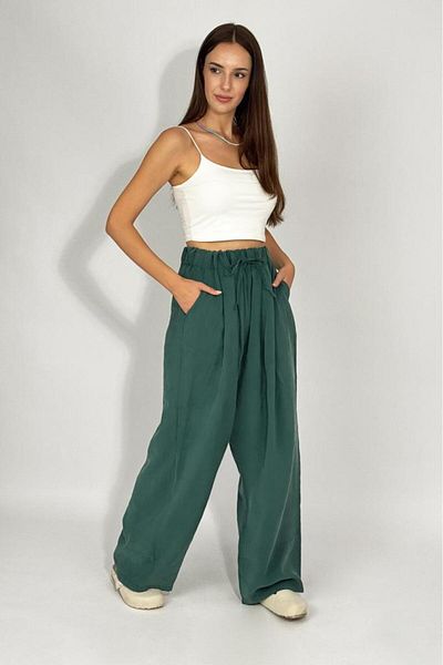Betimoda Women's Woven Modal Elastic Waist Wide Leg Pocket Drawstring Palazzo Pants Emerald Green