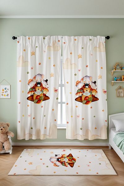 EVPANYA Airplane Safari Animals Patterned Children's Baby Room Background Curtain (Single Wing Pricing)