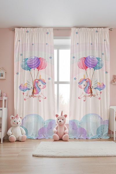 EVPANYA Cortina de fundal pentru camera bebelușului pentru copii cu model unicorn care zboară cu balon (preț cu o singură aripă)