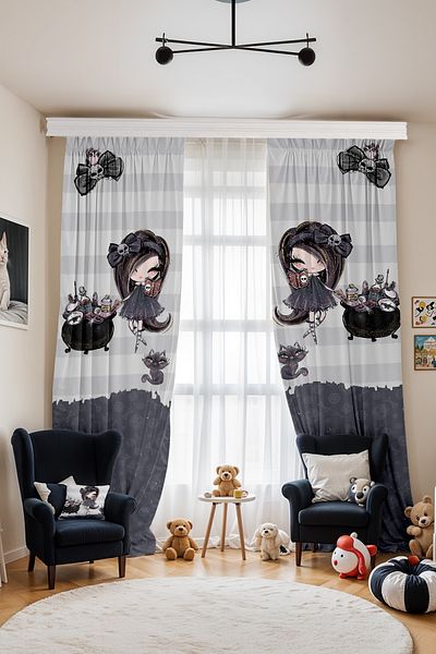 EVPANYA Cute Witch Princess Patterned Children's Baby Room Background Curtain (Single Wing Pricing)