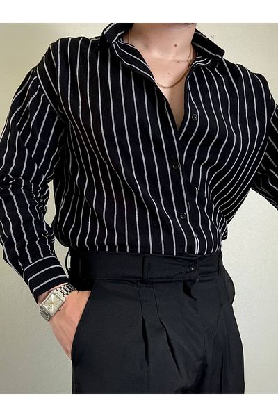 Arvens Men's Black White Vertical Stripes Half Oversize Shirt Modern Style, Breathable Thin Fabric Stylish