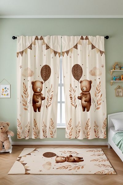 EVPANYA Balloon Teddy Bear Patterned Children's Baby Room Background Curtain (Single Wing Pricing)
