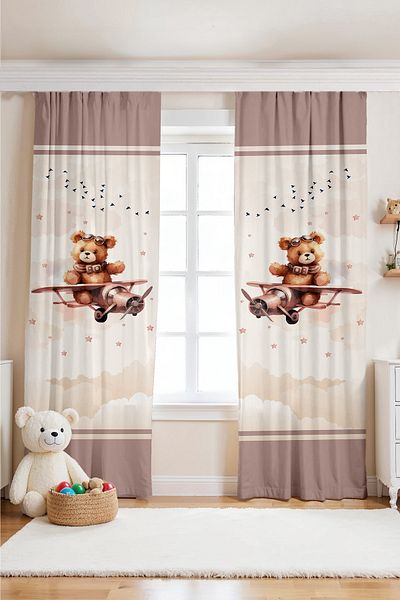 EVPANYA Brown Pilot Teddy Bear Patterned Children's Baby Room Background Curtain (Single Wing Pricing)