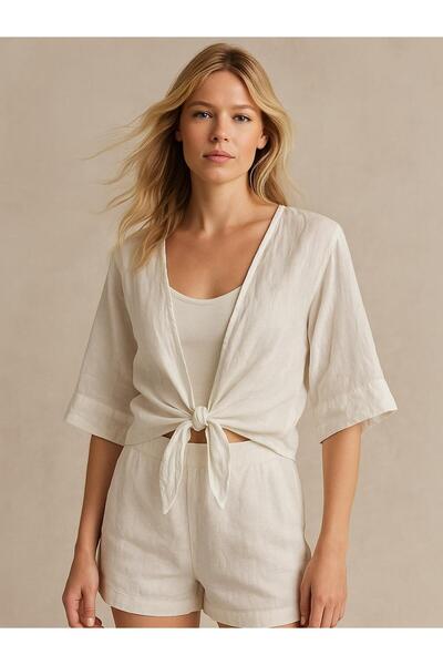 Butik İtalyan Vual Pamuklu Kumaş Önden Bağlamalı Bluz - BEYAZ