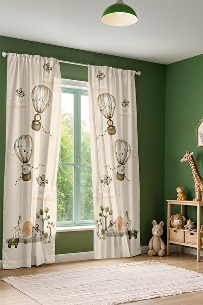 EVPANYA Balonlar ve Safari Desenli Çocuk Bebek Odası Fon Perde (Tek Kanat Fiyatlandırma)