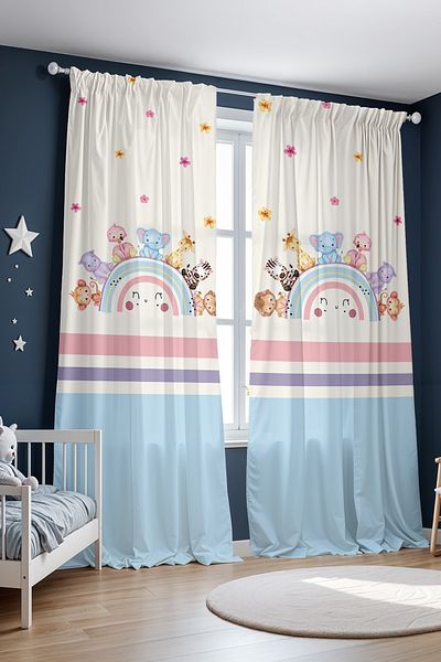 EVPANYA Colorful Smiling Rainbow Animals Patterned Children's Baby Room Background Curtain (Single Wing Pricing)