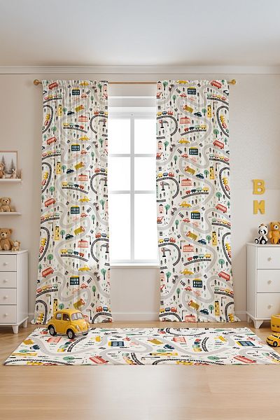 EVPANYA White City Traffic Patterned Children's Baby Room Background Curtain (Single Wing Pricing)