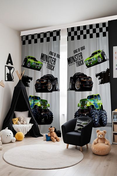 EVPANYA Black Monster Truck Patterned Children's Baby Room Background Curtain (Single Wing Pricing)