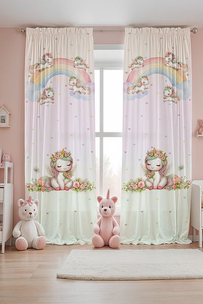 EVPANYA Flower Crowned Unicorns Princesses Patterned Children's Baby Room Background Curtain (Single Wing Pricing)
