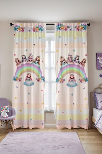 EVPANYA Cream Rainbow Princesses Patterned Children's Baby Room Background Curtain (Single Wing Pricing)