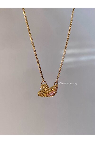 NECK ACCESSORY Çelik Pembe Taş Detaylı Kuğu Model Kolye