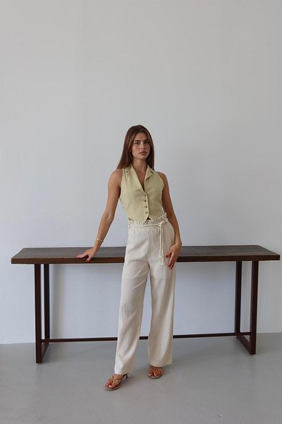 Jeevee Cream Crinkle Fabric Lace-Up Summer Trousers