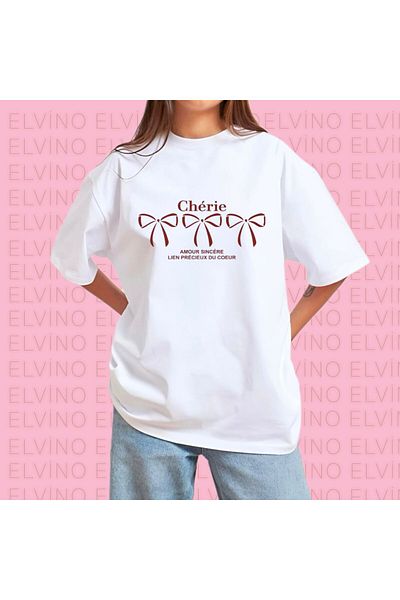 Elvino Cherie Ribbon Printed Crew Neck Cotton White Women'S/Men's Unisex Oversize Tshirt