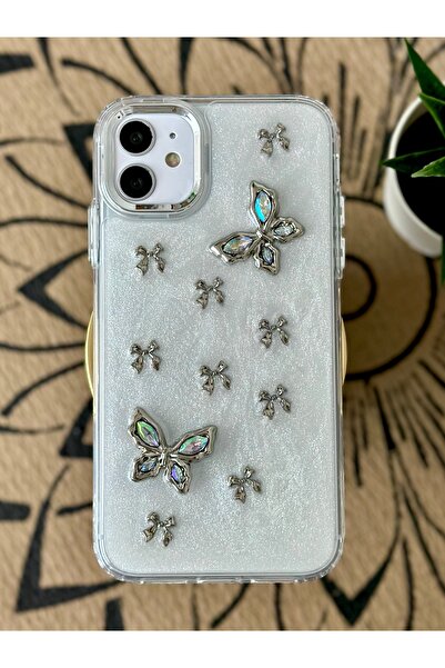 Go Aksesuar iPhone 12 and 12 Pro Compatible Metal Butterfly Design Flexible Silicone Case with Toy