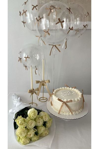 Fiyonks Atölye Bow Ribbon on Cake Balloon 4 Large Ribbons + 40 Small Ribbon Decorations