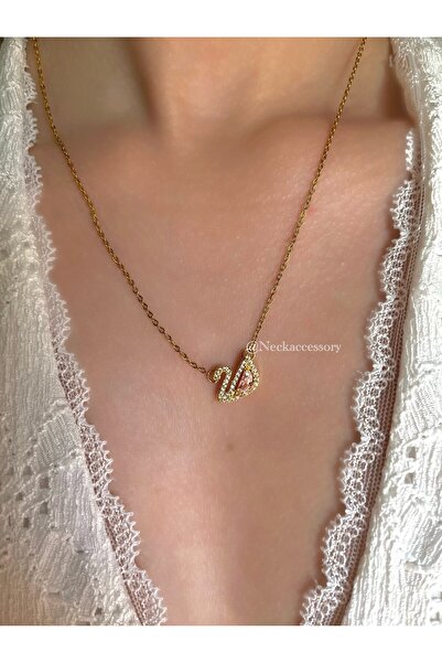 NECK ACCESSORY Çelik Pembe Taş Detaylı Kuğu Model Kolye