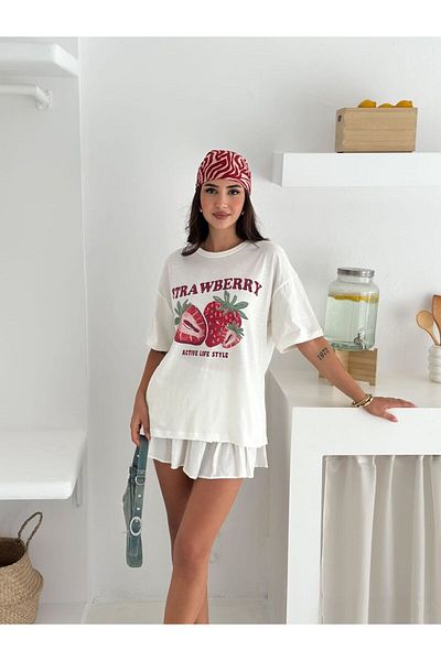 enmodaiçgiyim Γυναικείο μπλουζάκι με στάμπα από 100% βαμβάκι – πολύχρωμα καλοκαιρινά μοτίβα