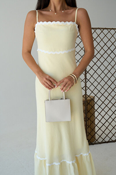 LOOSH Kadın Açık Sarı Askılı Şeritli Uzun Elbise