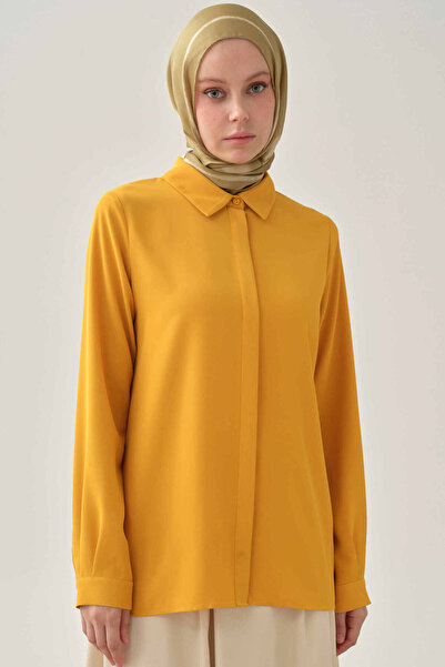 Tuğba Basic Gizli Patlı Gömlek - Hardal