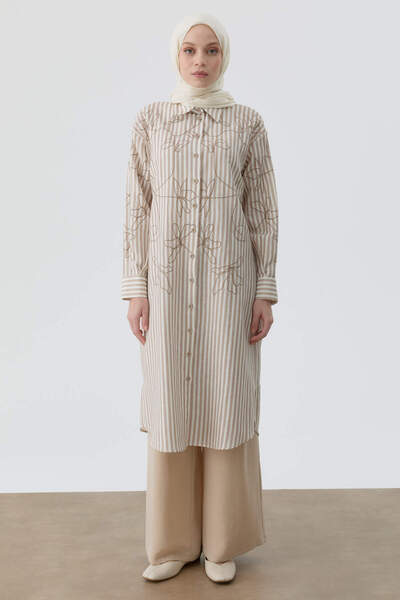 Tuğba Nakış Detaylı Çizgili Uzun Tunik - Vizon