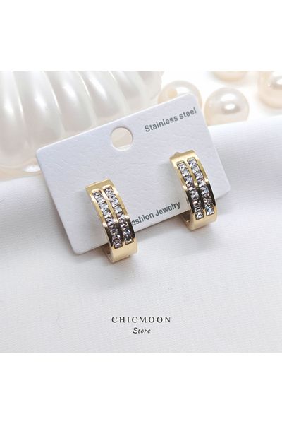 CHICMOON STORE Steel Gold Color Double Row Stone Hoop Earrings