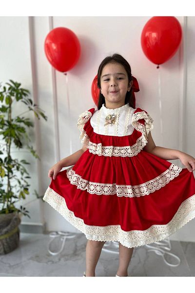 Sare Çocuk Giyim Girl's Red Cotton Organic Lace Sleeve Vintage Birthday Party Dress