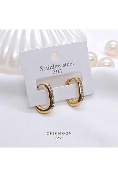 CHICMOON STORE Steel Gold Color Stone Oval Earrings