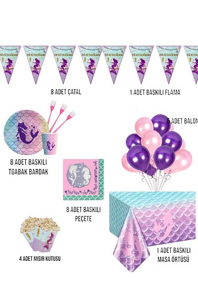 Evabrite Mermaid Birthday Party Set - Girl's Birthday Ornaments for 8 People