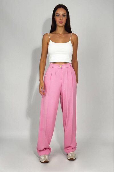 Betimoda Women's Buttoned Pocket Wide Leg Pleated Palazzo Trousers Pink