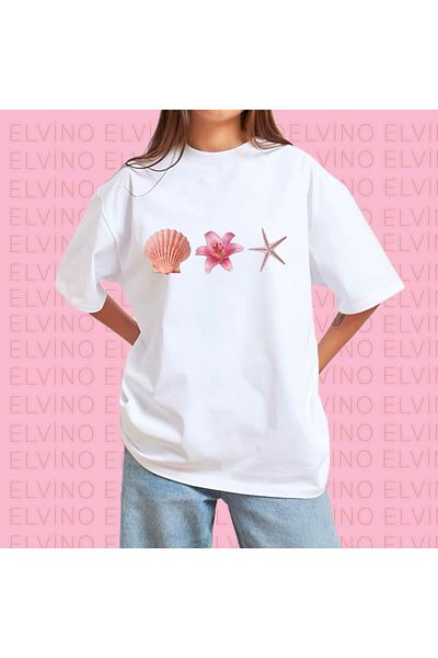 Elvino Seashell Printed Crew Neck Cotton White Women'S/Men's Unisex Oversize Tshirt