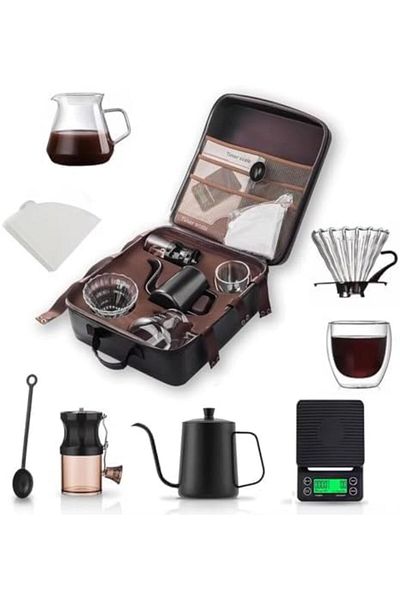 Generic Pour Over Coffee Maker Travel Kit, 9-Piece Set with Gooseneck Kettle, Glass Server, Digital Scale, G
