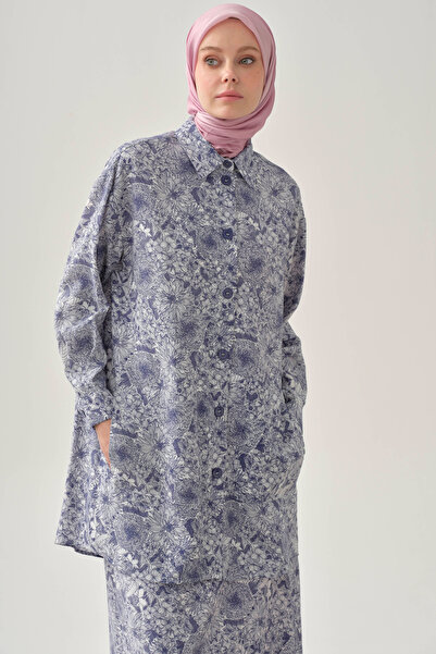 Tuğba Multi Çiçek Desenli Aplike Cepli Tunik - İndigo