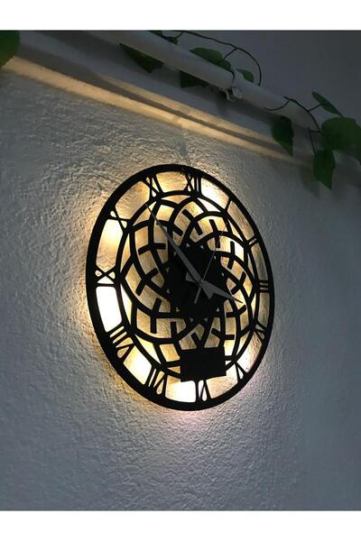 GünceDekor Dekoratif Geometrik Desenli Ledli Ahşap Duvar Saati