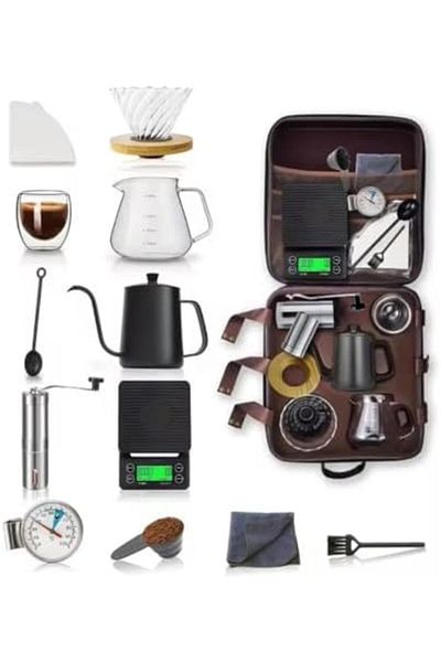 Generic Pour Over Coffee Maker Travel Kit, 9-Piece Set with Gooseneck Kettle, Glass Server, Digital Scale, G