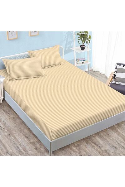 CASA Elastic Bed Sheet, Damask 180x200 cm + Two Pillowcases 50x70 cm, Beige