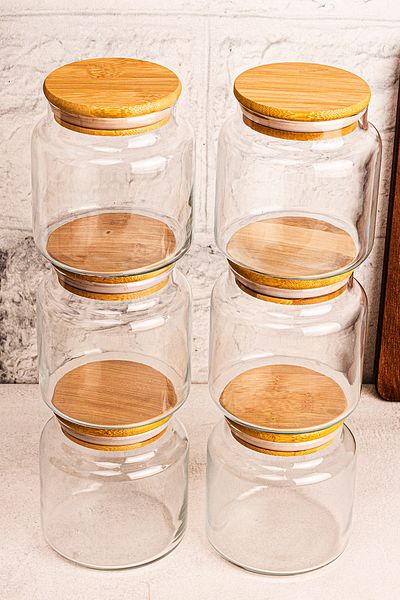 Snippy Set of 6 Bamboo Vacuum Glass Storage Containers with Lids 600 ml