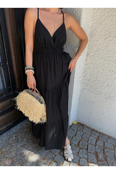 aytenli V-Neck Rope Strap Back Cross Elastic Detail Waist Fold Maxi Length Linen Dress