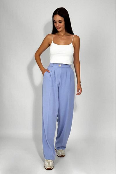 Betimoda Women's Buttoned Pocket Wide Leg Pleated Palazzo Trousers Indigo