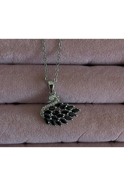 Maskara Wear Çelik Kararmaz Gümüş Siyah Taşlı Kuğu Çelik Kolye