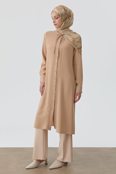 Tuğba Yakası Bağcıklı Pileli Tunik - Bej