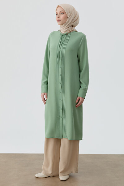 Tuğba Yakası Bağcıklı Pileli Tunik - Su Yeşili