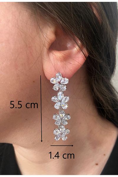 ER TAKI Stoned Silver Color Flower Model Stylish Party Engagement Henna Wedding Wedding Evening Dress Earrings