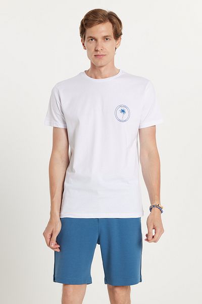 Tudors Ανδρικό T-shirt Slim Fit Slim Fit 100% βαμβακερό τυπωμένο λευκό μπλουζάκι με λαιμόκοψη