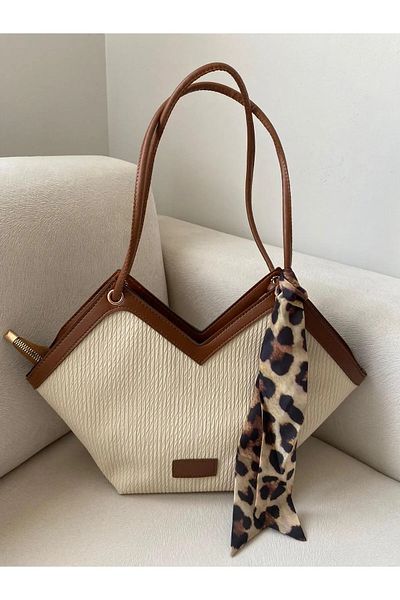 Mercan Stores Women's Linen Zippered Scarf Detailed Shoulder Strap Bag