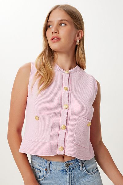 Happiness İstanbul Women's Candy Pink Stylish Buttoned Pocket Knitwear Vest Pf00111