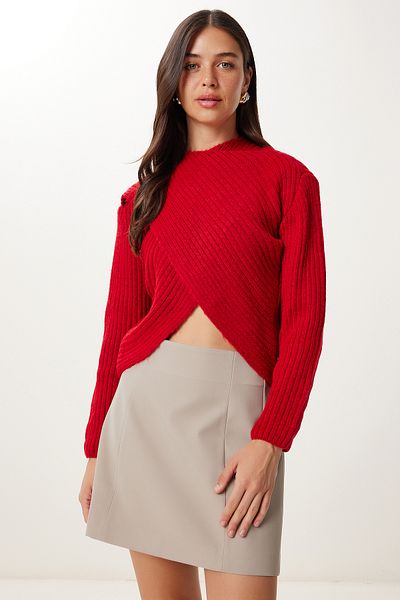Happiness İstanbul Women's Red Cross Detailed Ribbed Knitwear Sweater Dp00269